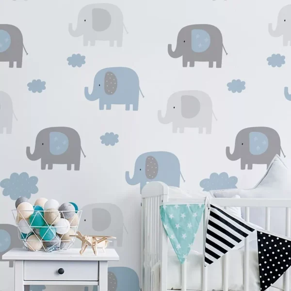 Papel De Parede Elefante Nuvem Azul Quarto Bebe Adesivo 10 M