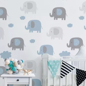 Papel De Parede Elefante Nuvem Azul Quarto Bebe Adesivo 12 M