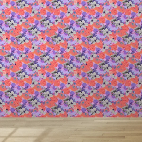 Papel De Parede Floral Abstrato Laranja Lilas Cinza 3m