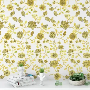 Papel De Parede Floral Amarelo Com Fundo Branco 3,50m