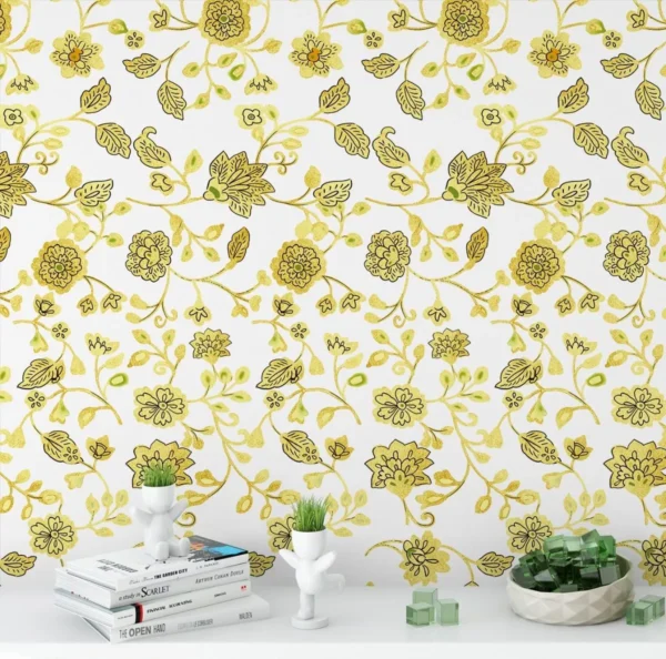 Papel De Parede Floral Amarelo Com Fundo Branco 3,50m