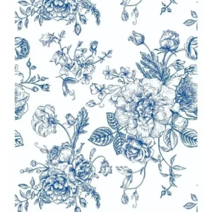 Papel De Parede Floral Azul Detalhado Fundo Branco 1,50m