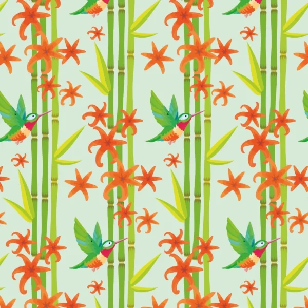 Papel De Parede Floral Bambu E Flores Laranja Pássaros Vinil