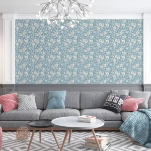 Papel De Parede Floral Bege Simples Com Fundo Azul - 3,0m