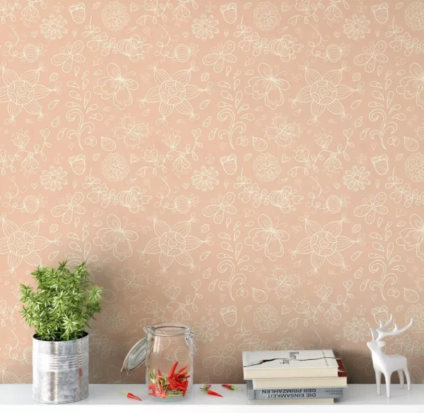 Papel De Parede Floral Branco Com Fundo Laranja