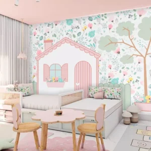 Papel De Parede Floral Casinha Menina Rosa 6m² Pp477