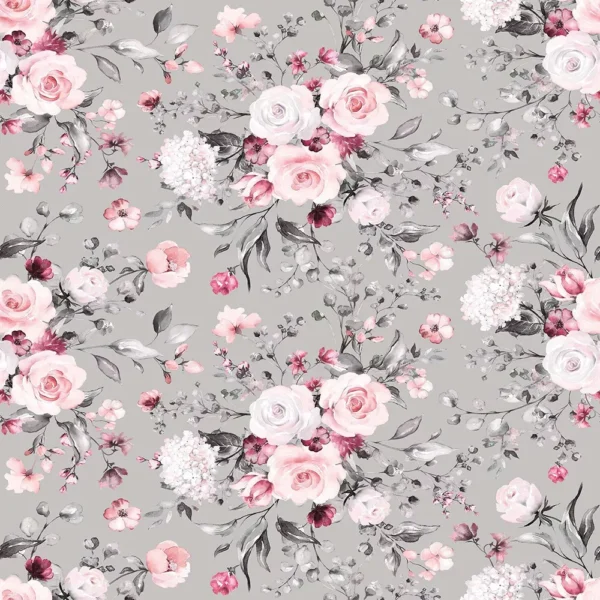 Papel De Parede Floral Cinza Com Buquê De Rosas 6m