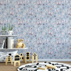 Papel De Parede Floral Delicado Com Fundo Azul Celeste 3,0m