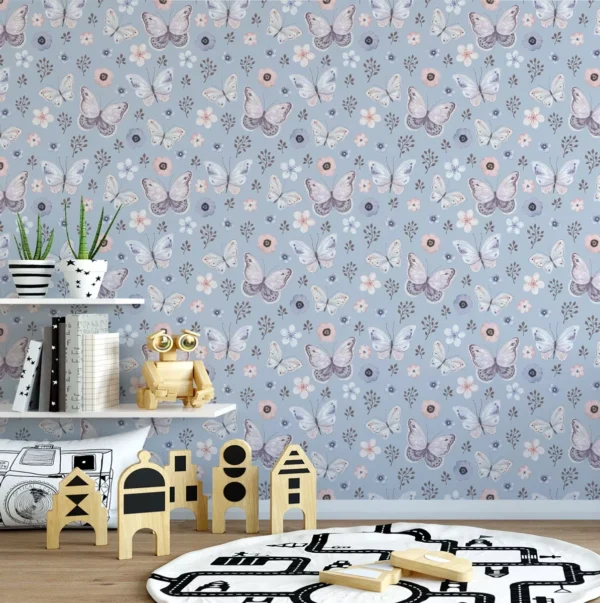 Papel De Parede Floral Delicado Com Fundo Azul Celeste 3,0m