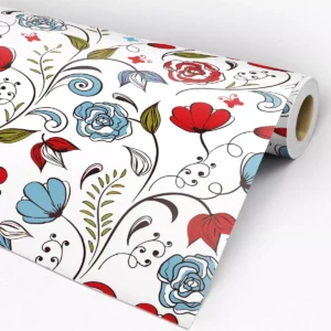 Papel De Parede Floral Desenho Azul Vermelho E Verde 3m