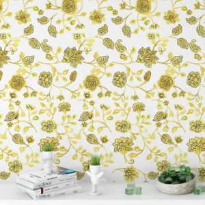 Papel De Parede Floral Detalhes Amarelo Fundo Branco 10,0m