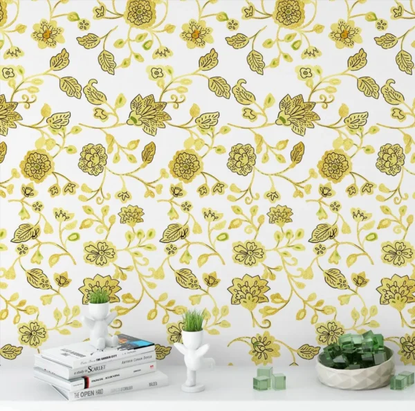 Papel De Parede Floral Detalhes Amarelo Fundo Branco 10,0m