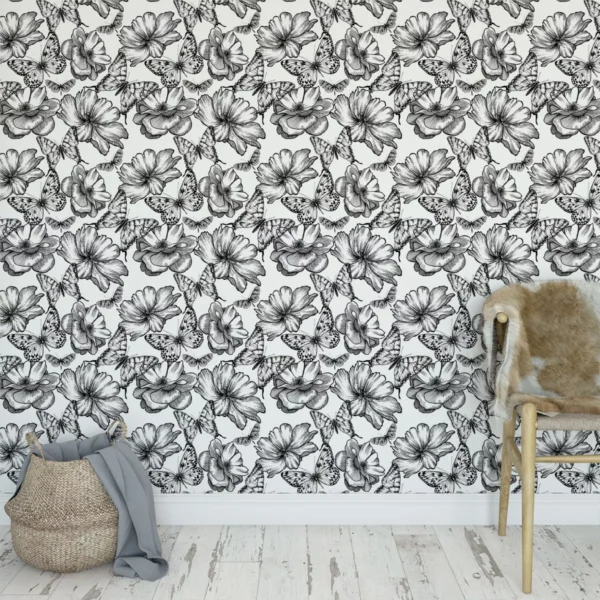 Papel De Parede Floral E Borboletas Em Bege - 2,5x0,5m