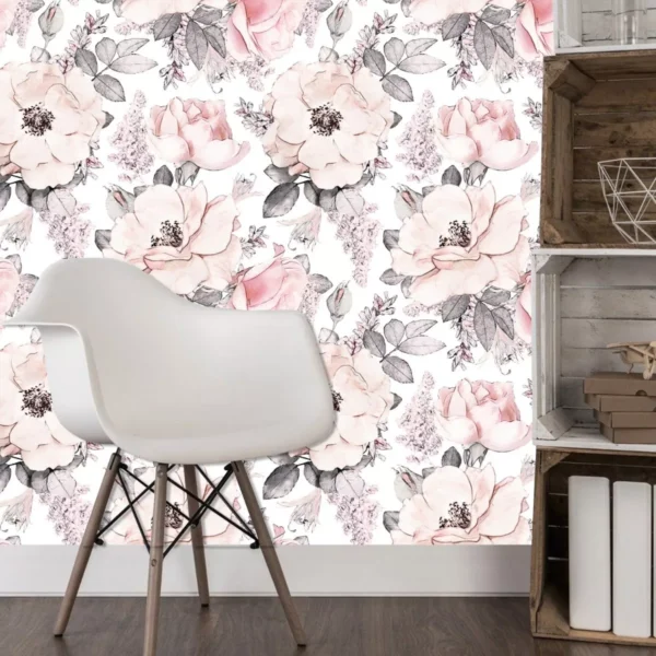 Papel De Parede Floral Em Tons De Rosa E Cinza - 3,00m