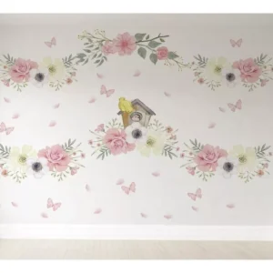 Papel De Parede Floral Gaiola Passarinho De Bebê M² Pp173