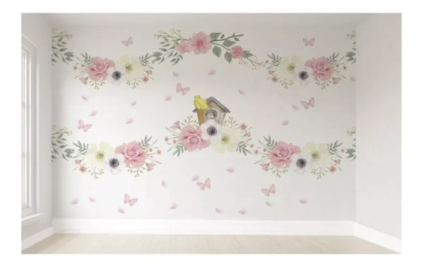 Papel De Parede Floral Gaiola Passarinho De Bebê M² Pp173