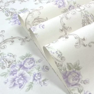 Papel De Parede Floral Lilás - Rolo Vinílico Alto Relevo 10m