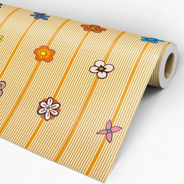 Papel De Parede Floral Listrado Amarelo Com Flores Coloridas