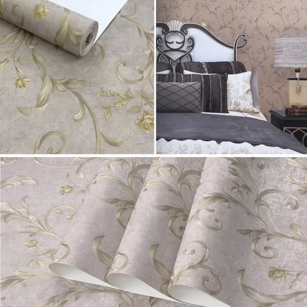 Papel De Parede Floral Marrom Com Ramos Dourados - Rolo 10m