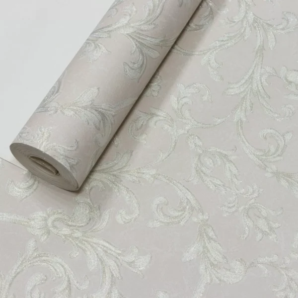 Papel De Parede Floral Off White, Cinza Claro E Glitter