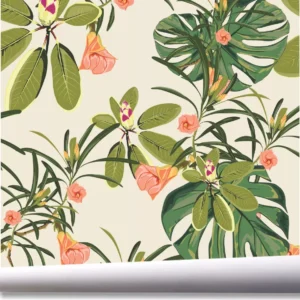 Papel De Parede Floral Plantas Flores Folhagem Tropical A620