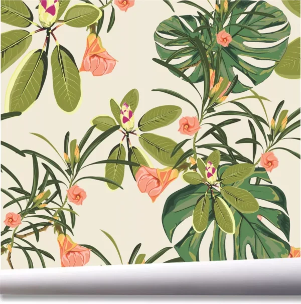 Papel De Parede Floral Plantas Flores Folhagem Tropical A620