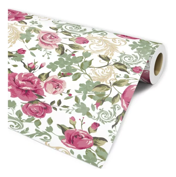 Papel De Parede Floral Rosa Arabesco Creme Para Sala Lavabo