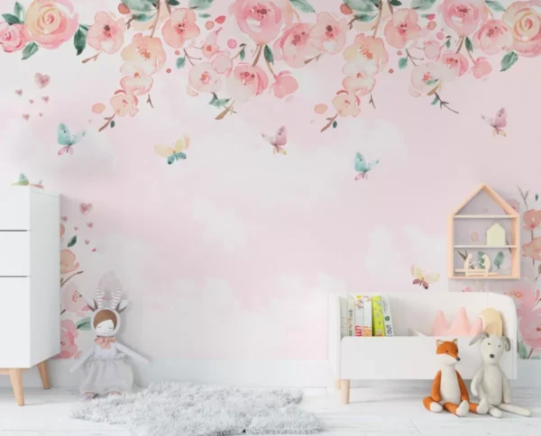 Papel De Parede Floral Rosa Borboletas De Menina Vr526 7m²