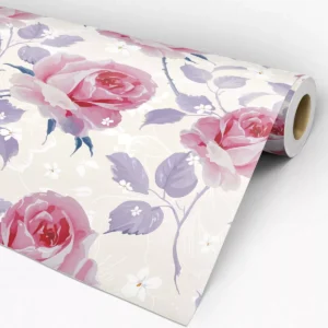 Papel De Parede Floral Rosa Creme E Roxo 3m