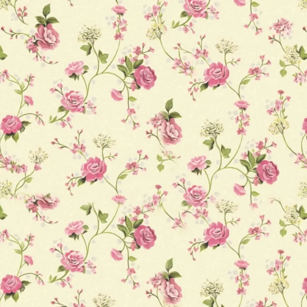 Papel De Parede Floral Rosa Delicadas Fundo Creme Adesivo