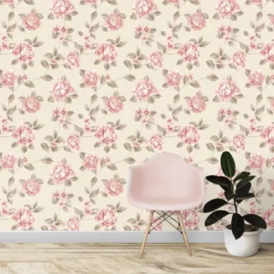 Papel De Parede Floral Rosa Em Fundo Laranja Opaco 10,0m