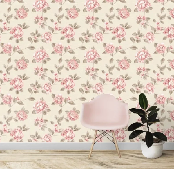 Papel De Parede Floral Rosa Em Fundo Laranja Opaco 10,0m