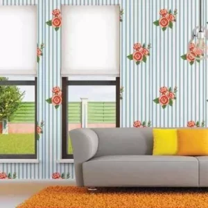 Papel De Parede Floral Rosa Laranja No Azul Vinil Lavável 3m