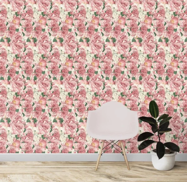 Papel De Parede Floral Rosas De Jardim Rosa Branco E Verde