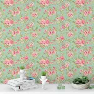 Papel De Parede Floral Rosas Em Tons Verde Branco E Rosa