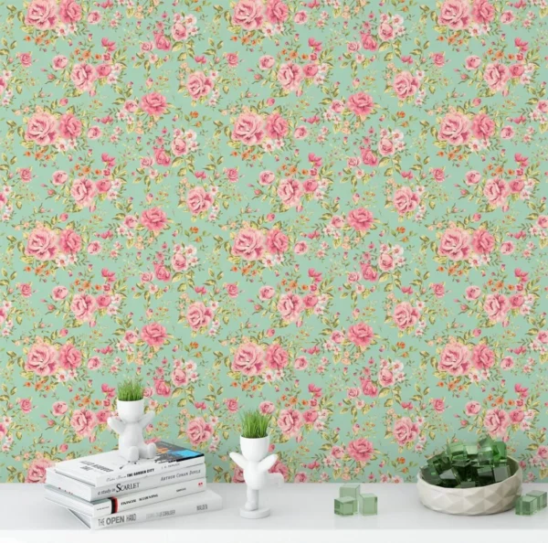 Papel De Parede Floral Rosas Em Tons Verde Branco E Rosa