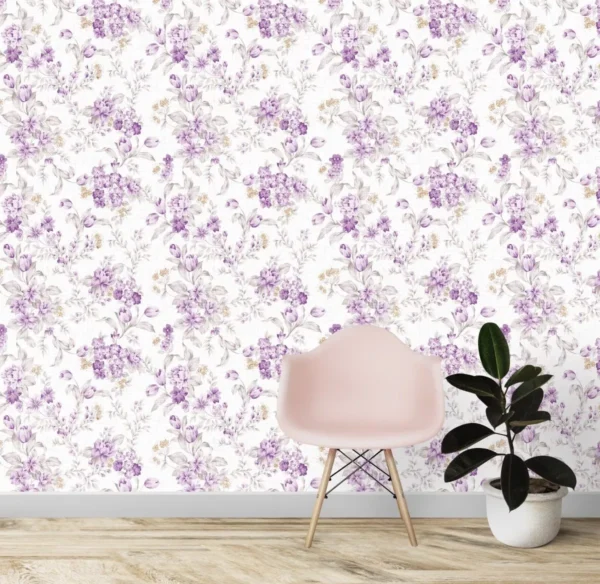 Papel De Parede Floral Roxo Com Detalhes No Fundo 3,50m