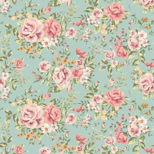 Papel De Parede Floral Tons Rosa E Laranja Fundo Verde 1,50m