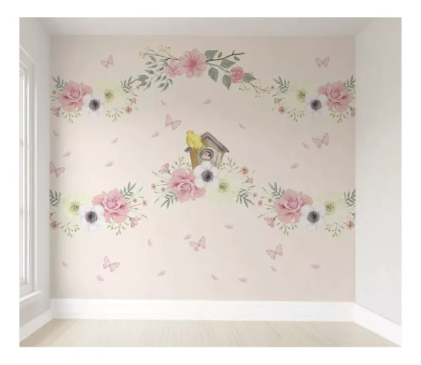 Papel De Parede Flores Infantil Pássaro Feminino Bebê M²