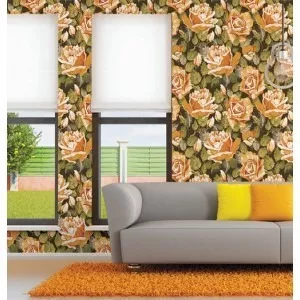 Papel De Parede Flores Rosas Laranjas Lavável Vinil 3m