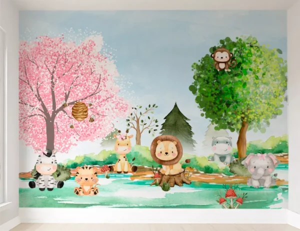 Papel De Parede Floresta Animais Safari Infantil 3m² Vr611