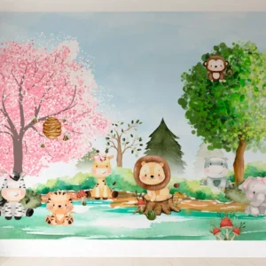 Papel De Parede Floresta Animais Safari Quarto De Bebê Pp611