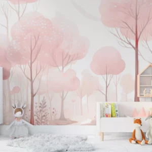 Papel De Parede Floresta Árvores Rosa Infantil - 3m² Vr628