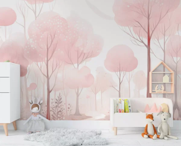 Papel De Parede Floresta Árvores Rosa Infantil - 3m² Vr628