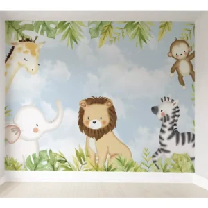 Papel De Parede Floresta Safári Animais Infantil Quarto M²