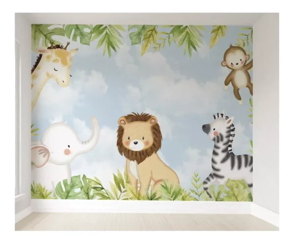 Papel De Parede Floresta Safári Animais Infantil Quarto M²