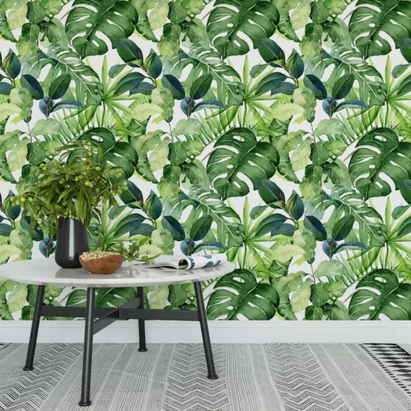 Papel De Parede Folhagens Verdes Com Fundo Branco 2,5m