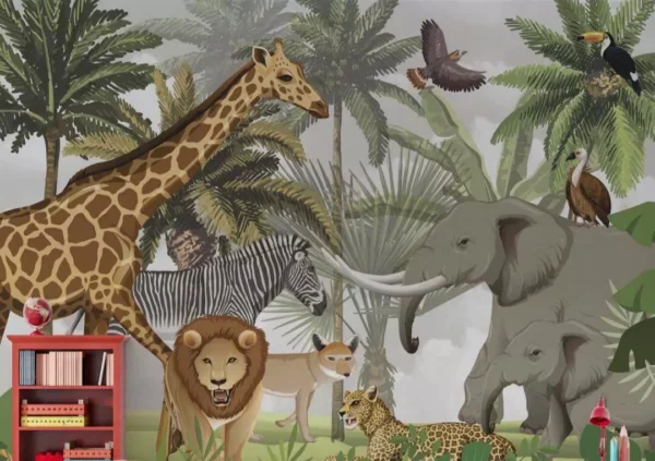 Papel De Parede Foto Mural Infantil Animais Safari E Folhage