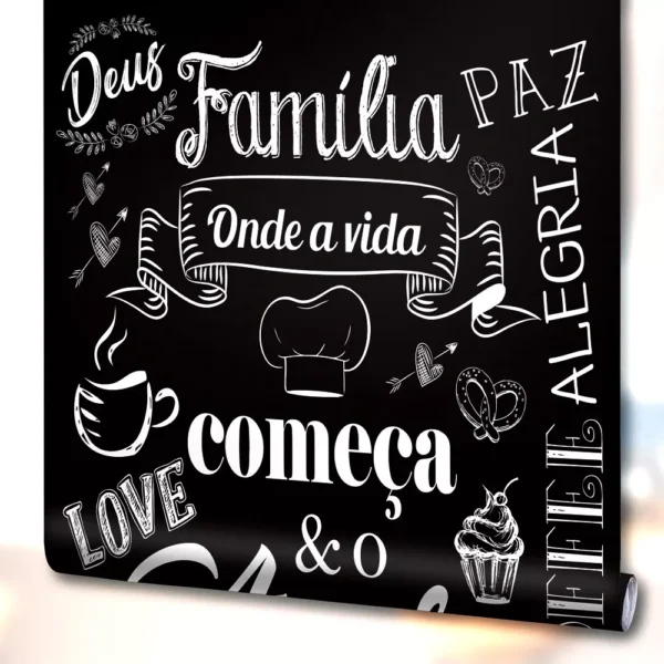 Papel De Parede Frases Café Amor Família Fé Preto Lavavel 2m