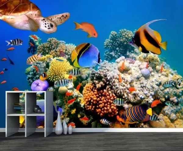 Papel De Parede Fundo Do Mar Auto Adesivo Peixes Ambiente Aquático Marinho Coral 3,60x2,25m Gg320